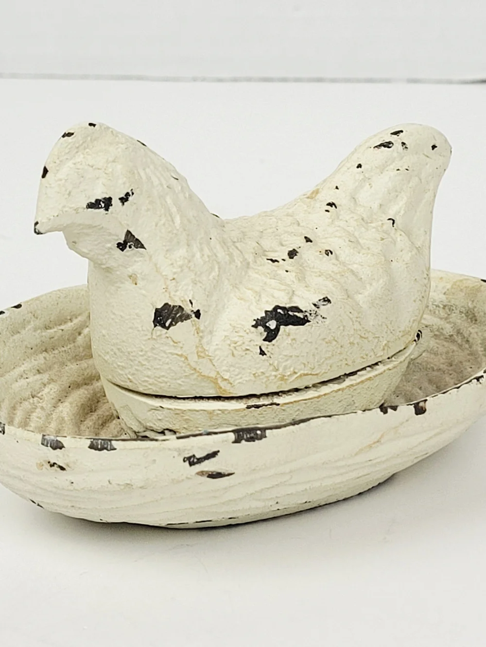 2~Vtg Cast Iron White Chicken/Hen Trinket Box~Blue Rooster~Rustic Farmcore